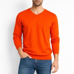 Toscano Italy Bright Orange V-Neck Cotton Sweater XL Tangerine Made in Italy